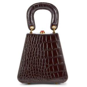 New STAUD Kenny Croc-Embossed Leather Top Handle Bag Brown